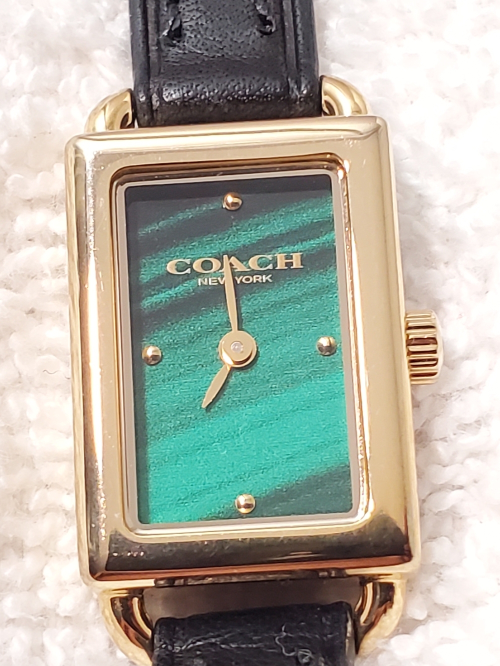 Coach Thompson Women's Gold Plated Tank Watch Green Malachite Dial Black Leather